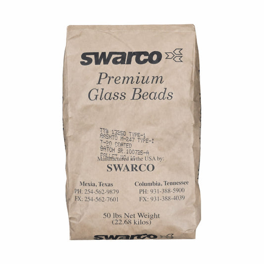 SWARCO Premium Glass Beads Type I reflective highway marking beads in a 50 lb bag for traffic paint and pavement marking applications.