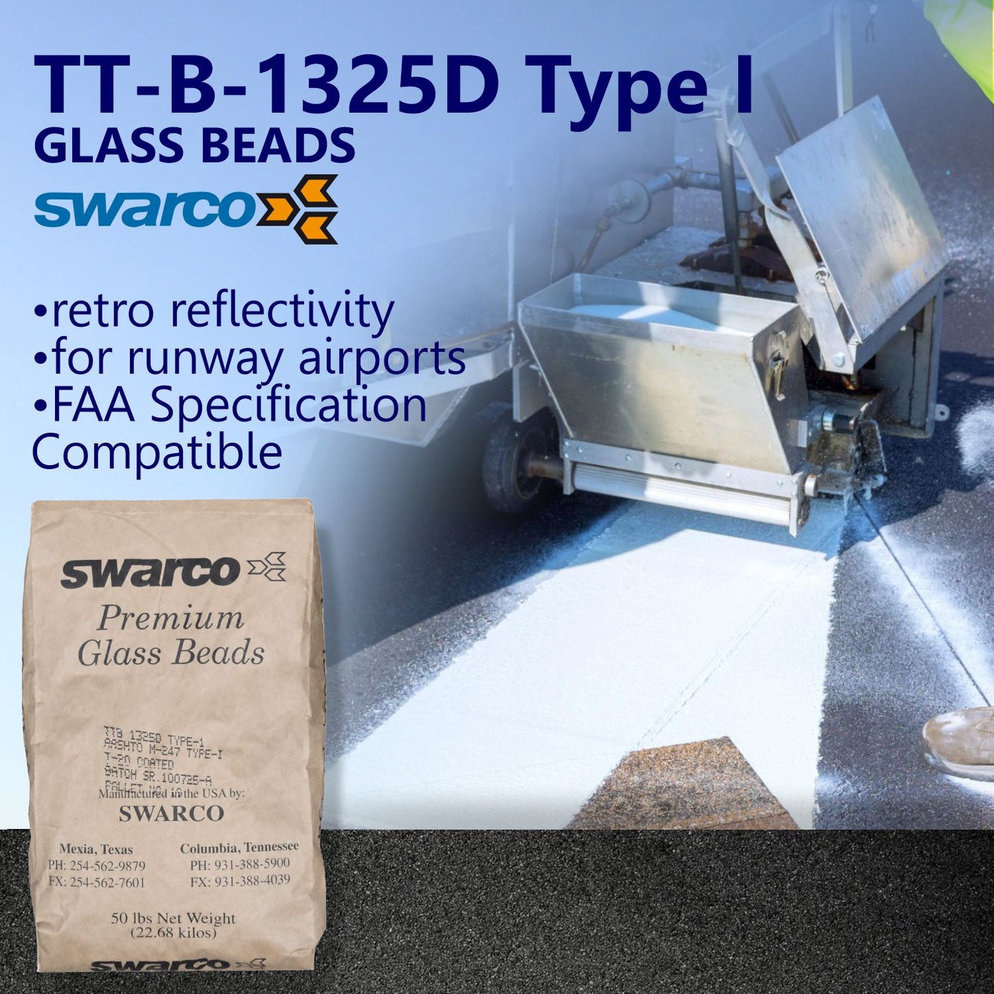 SWARCO TT-B-1325D Type I glass beads for airport runway markings, shown with bead application equipment and FAA-compatible reflective pavement striping.