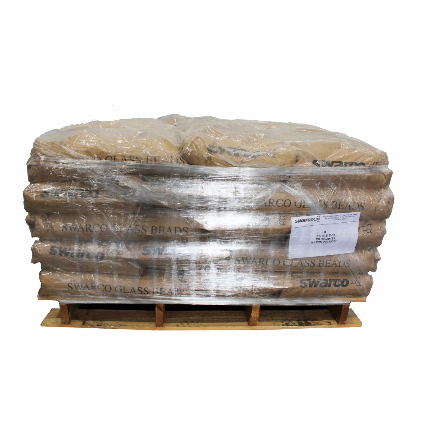 SWARCO Premium Glass Beads Type B T-01, 1 ton pallet, used in traffic paint and pavement markings to improve retroreflectivity and roadway visibility.