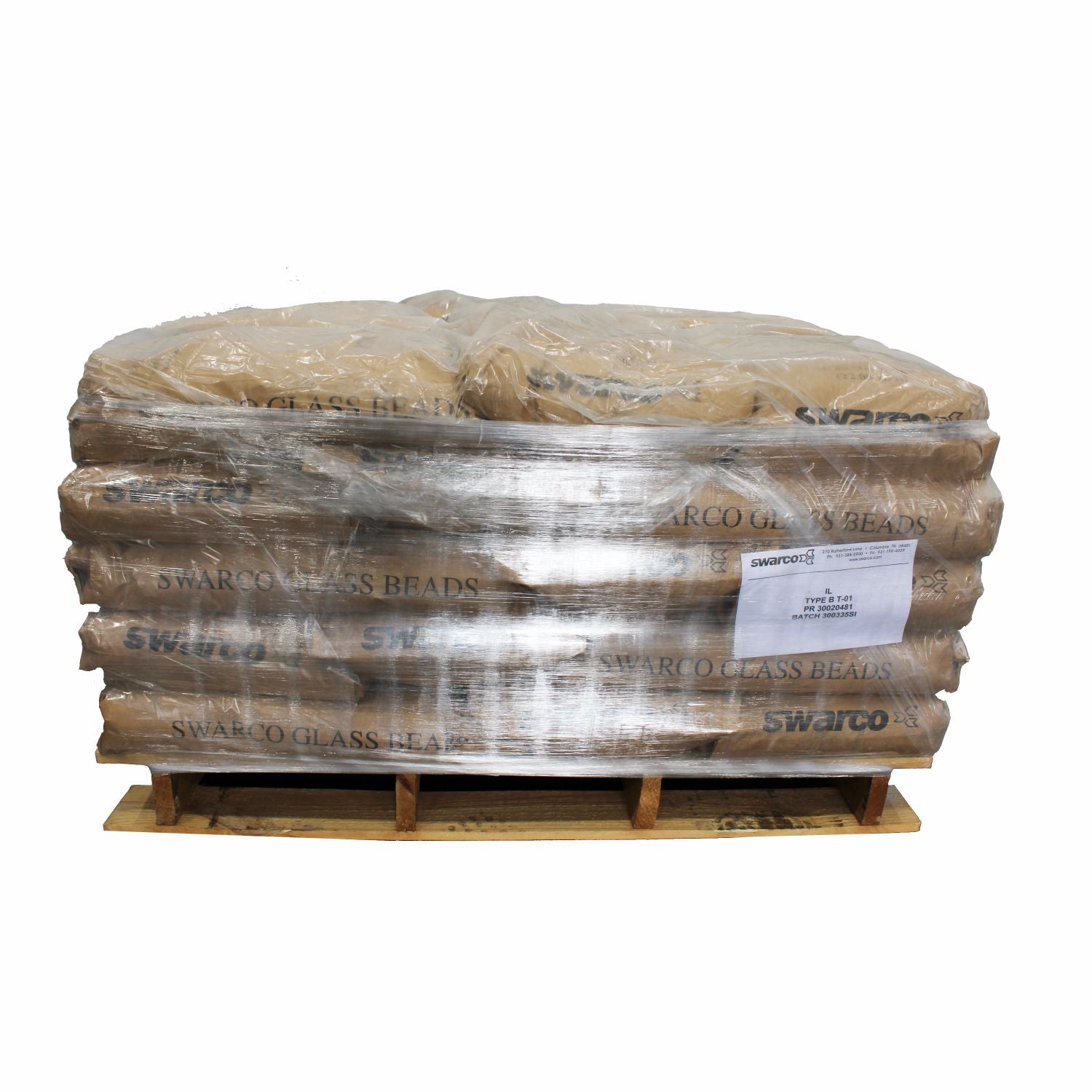 SWARCO Premium Glass Beads Type B T-01, 1 ton pallet, used in traffic paint and pavement markings to improve retroreflectivity and roadway visibility.