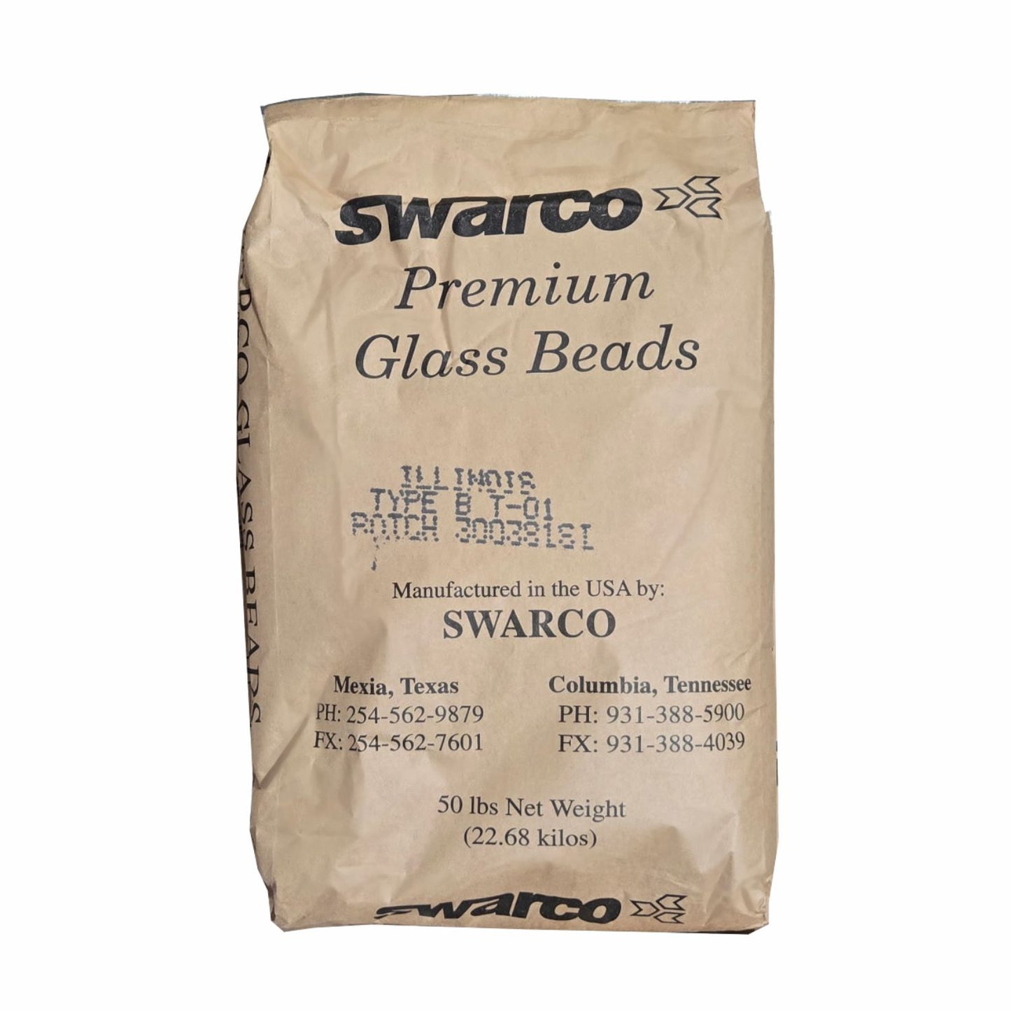 SWARCO Premium Glass Beads Type B T-01, 50 lb bag, used in traffic paint and pavement markings to improve retroreflectivity and roadway visibility.
