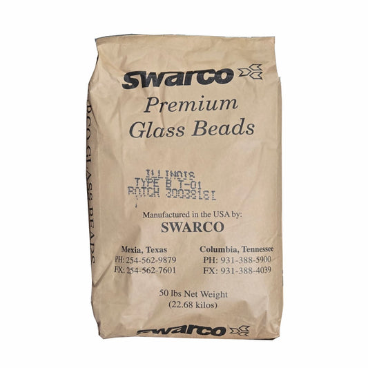 SWARCO Premium Glass Beads Type B T-01, 50 lb bag, used in traffic paint and pavement markings to improve retroreflectivity and roadway visibility.