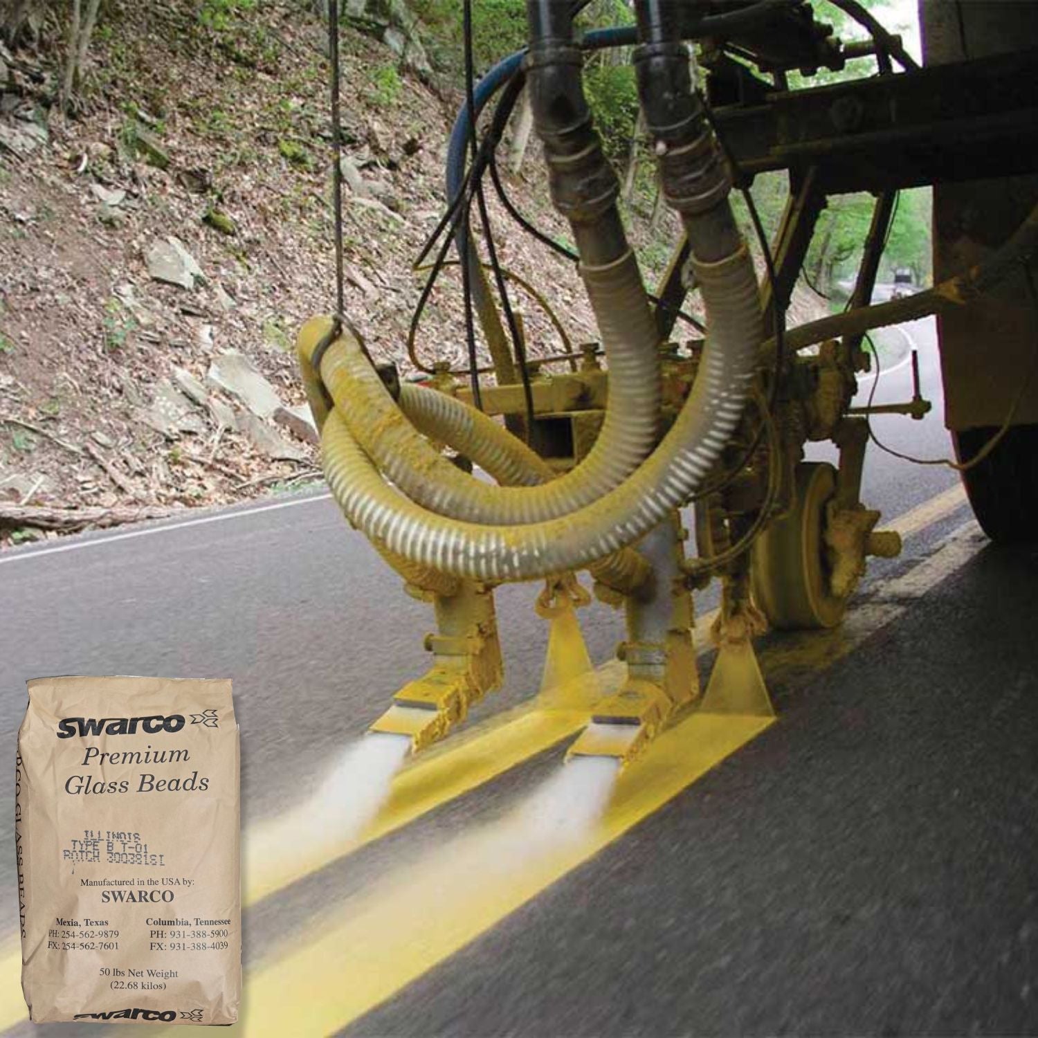 SWARCO Illinois Type-B glass beads applied to fresh yellow centerline pavement markings, enhancing retroreflectivity and visibility on roads and highways.