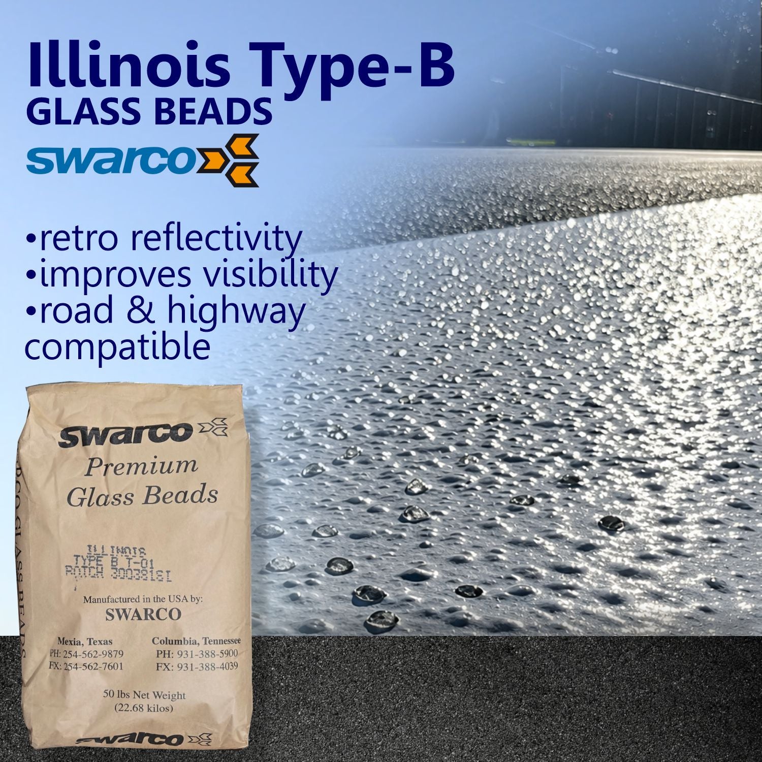 SWARCO Illinois Type-B glass beads for pavement markings, shown embedded in roadway striping to improve retroreflectivity, visibility, and highway safety.