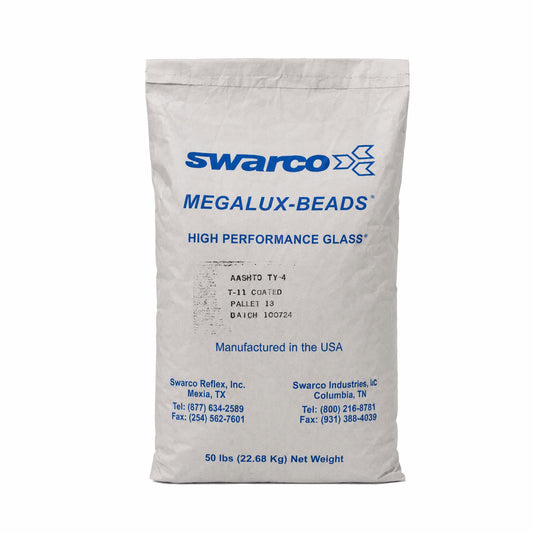 SWARCO Megalux-Beads high-performance glass beads, 50 lb bag, designed for enhanced retroreflectivity in traffic markings and pavement striping applications.