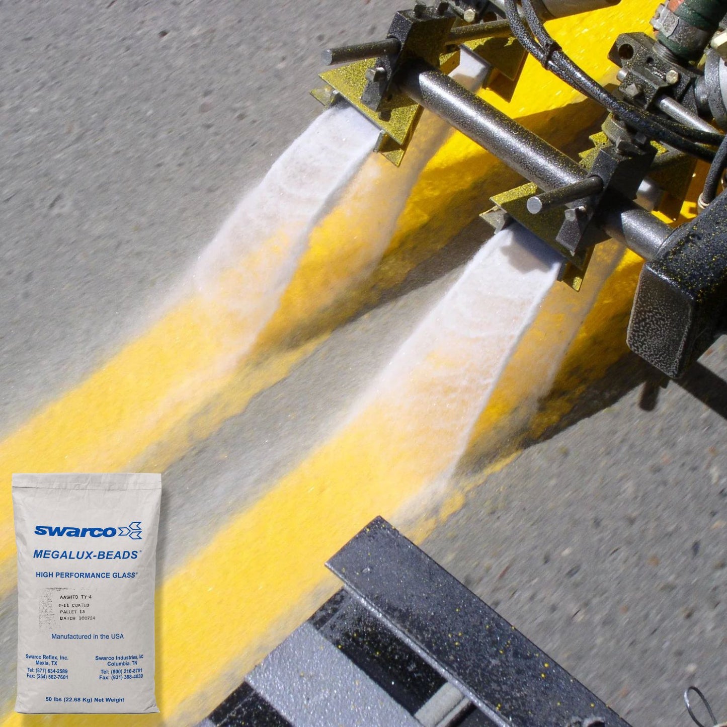 SWARCO Megalux-Beads high-performance glass beads being applied to yellow roadway striping, improving retroreflectivity, durability, and nighttime visibility of pavement markings.