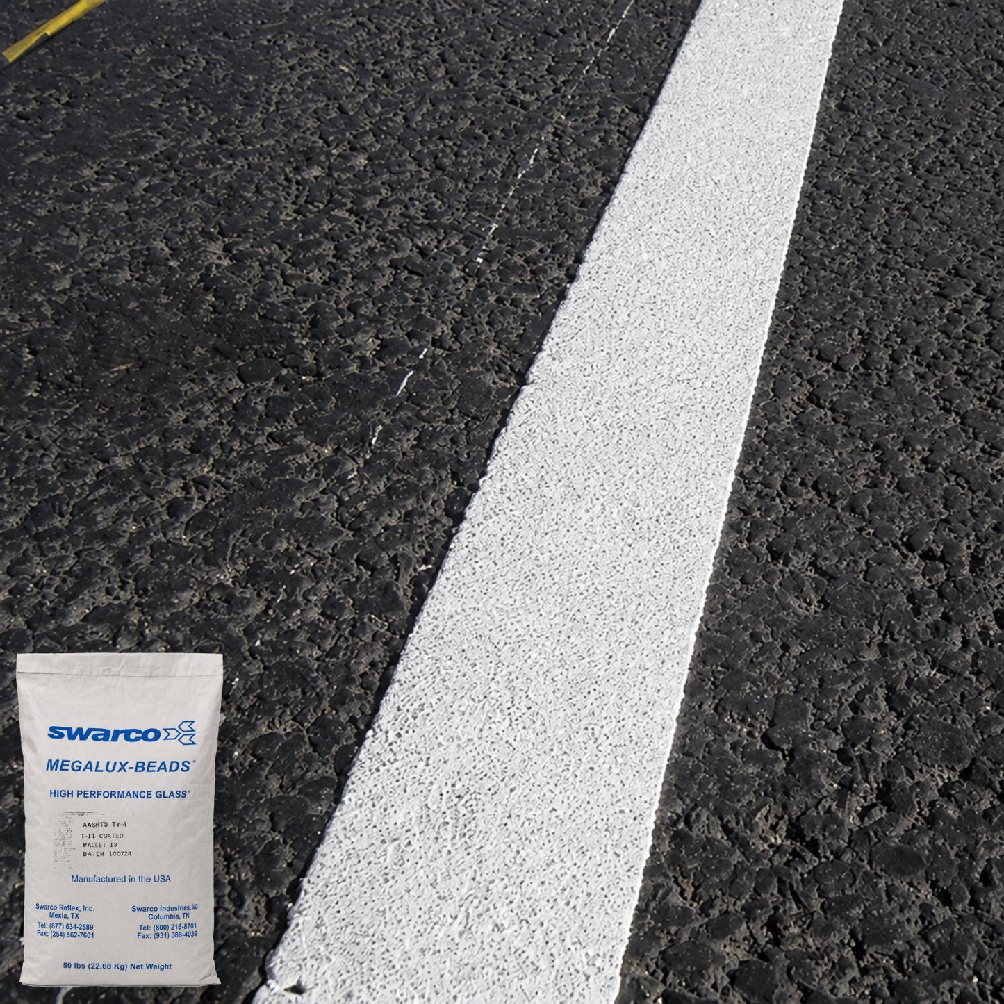SWARCO Megalux-Beads high-performance glass beads embedded in a white pavement marking line, enhancing retroreflectivity and nighttime roadway visibility.