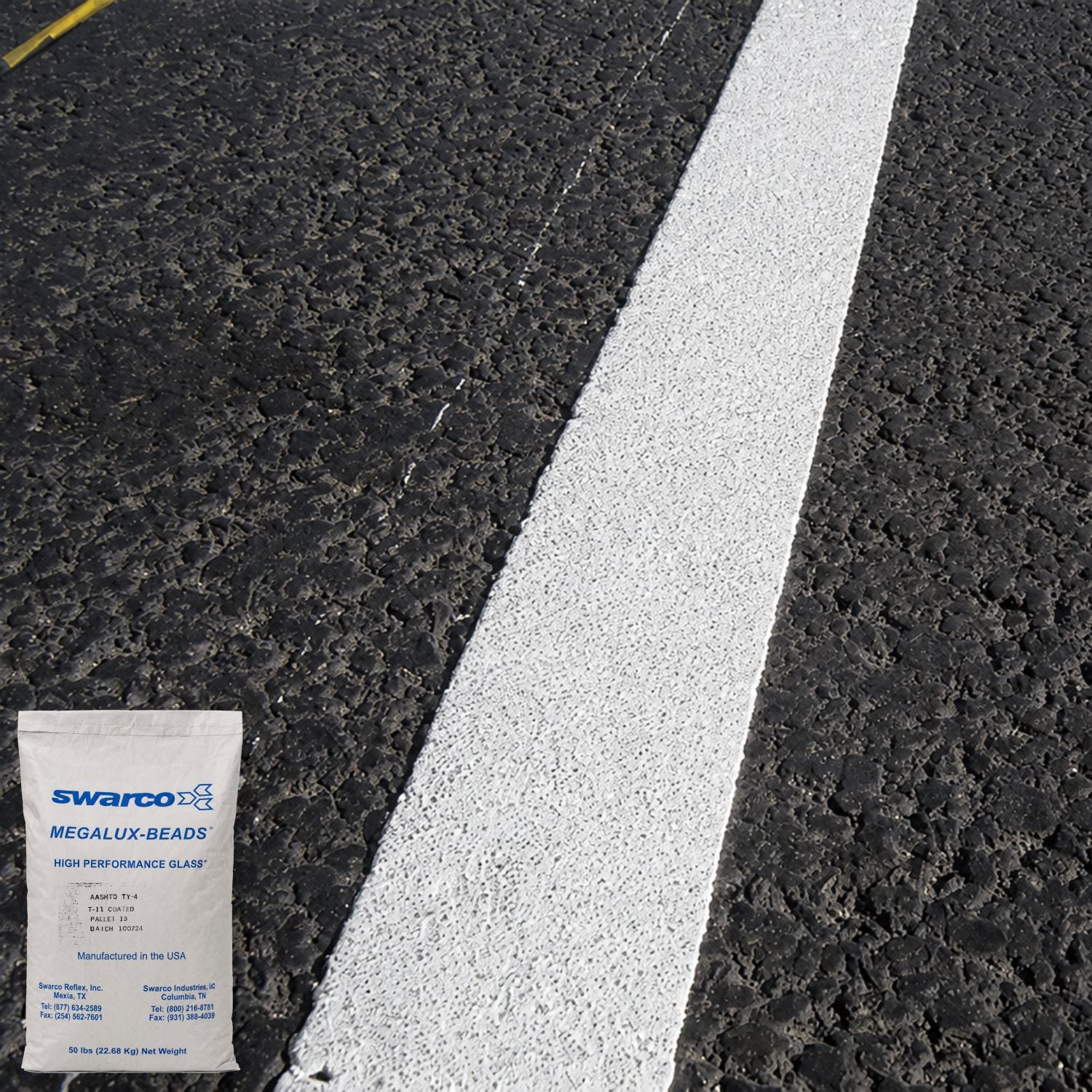 SWARCO Megalux-Beads high-performance glass beads embedded in a white pavement marking line, enhancing retroreflectivity and nighttime roadway visibility.