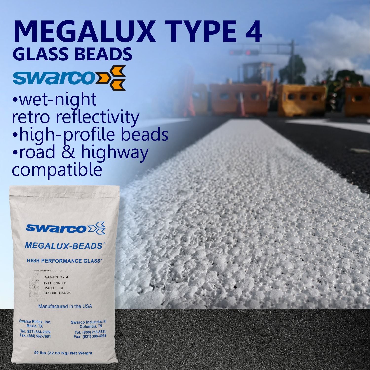 SWARCO Megalux Type 4 glass beads for wet-night retroreflective pavement markings, shown on a highway line with high-profile beads for enhanced visibility and road safety.