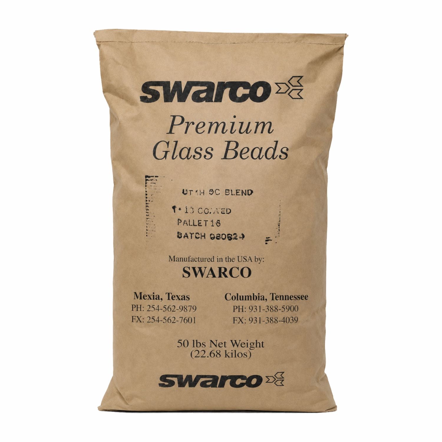 SWARCO Premium Glass Beads 50 lb bag for reflective traffic markings and pavement striping applications.