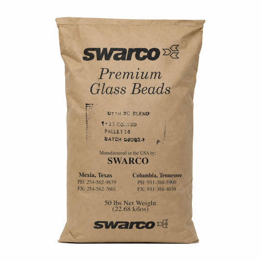 SWARCO Premium Glass Beads 50 lb bag for reflective traffic markings and pavement striping applications.