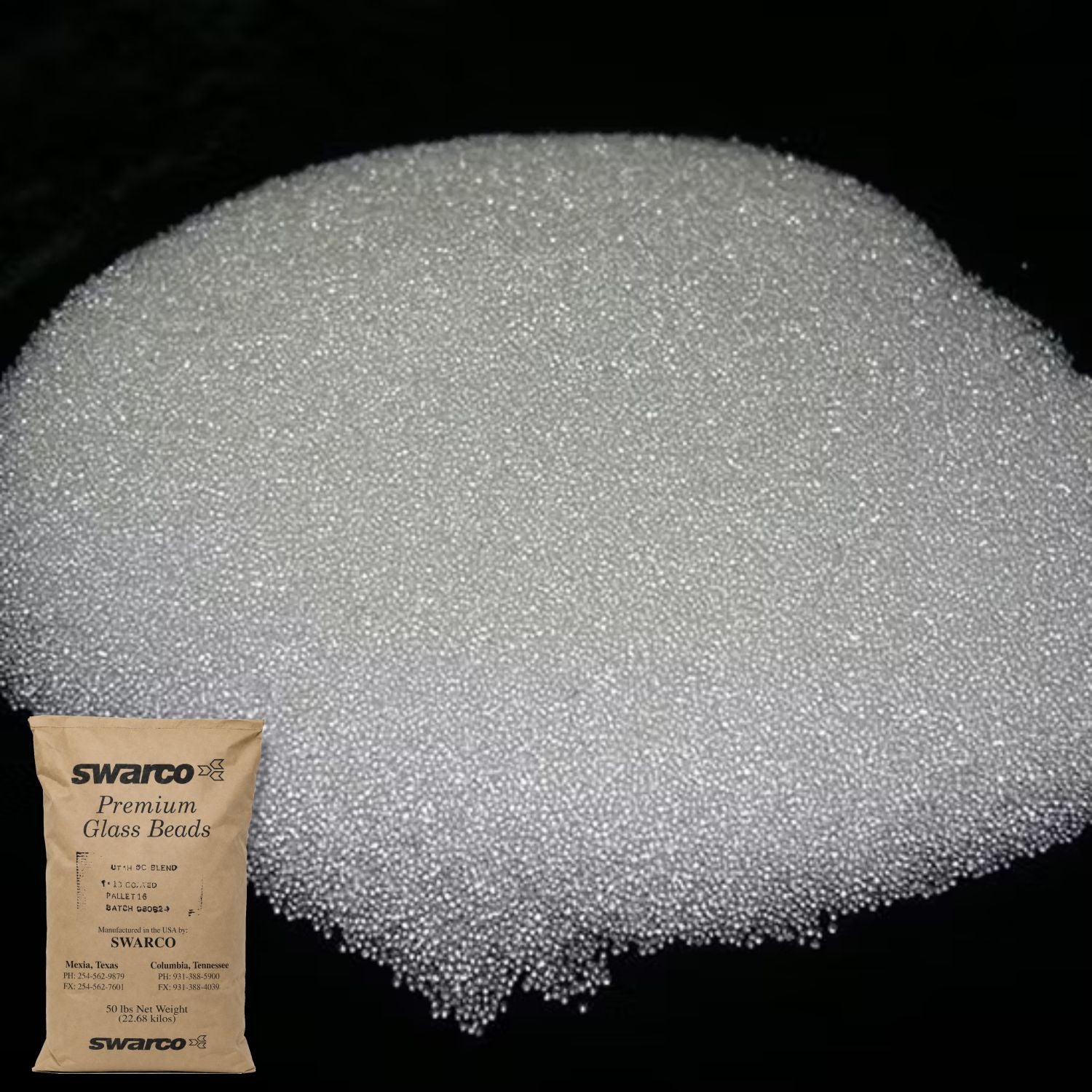 SWARCO Premium Glass Beads displayed with a large pile of spherical reflective glass beads used in traffic paint and pavement marking applications for enhanced nighttime visibility.