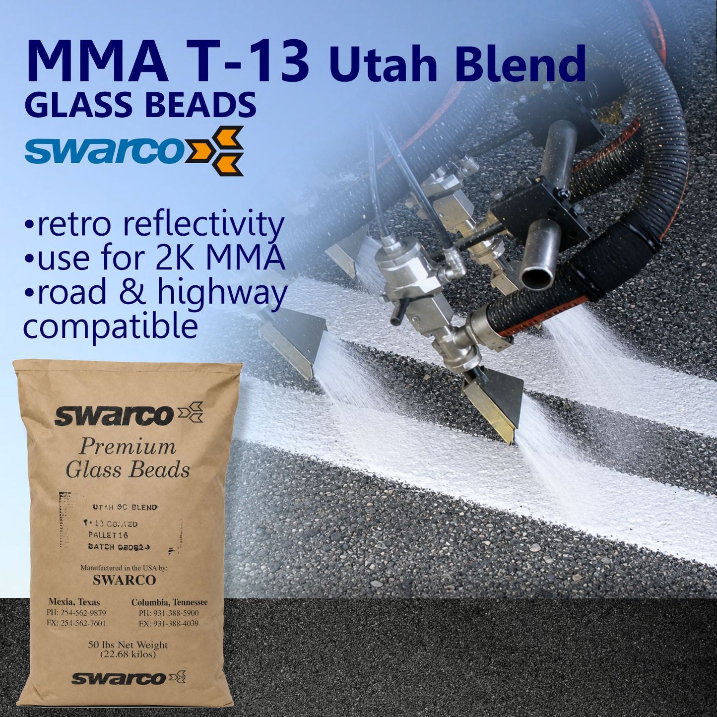 SWARCO MMA T-13 Utah Blend glass beads for 2K MMA pavement markings, shown being applied to roadway striping to improve retroreflectivity and nighttime visibility.