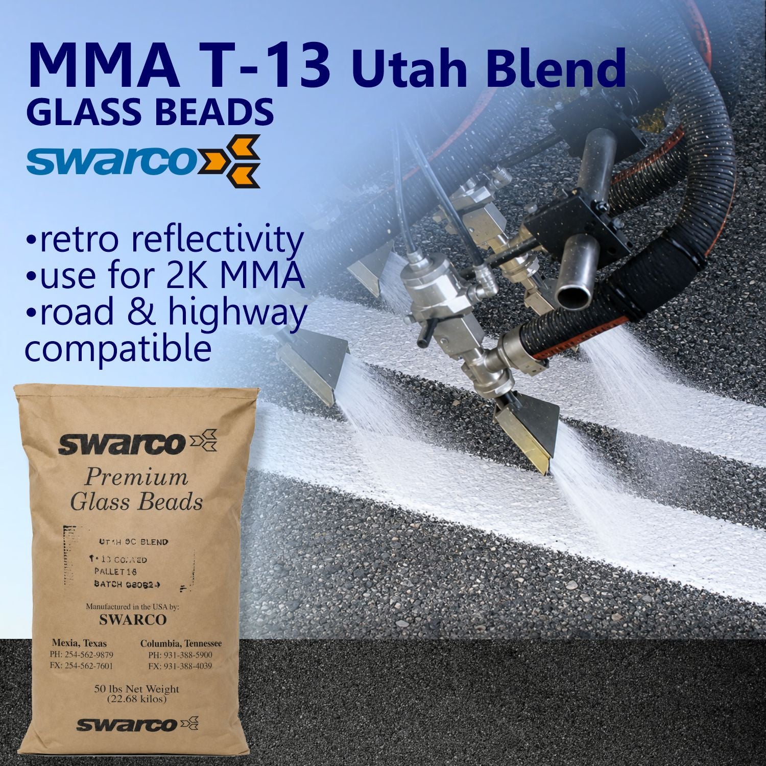 SWARCO MMA T-13 Utah Blend glass beads for 2K MMA pavement markings, shown being applied to roadway striping to improve retroreflectivity and nighttime visibility.