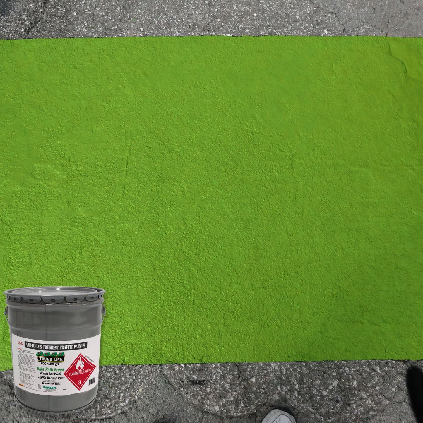 Close-up of a bright green bike path surface coating applied with Aexcel Acrylic Traffic Marking Paint, providing a highly visible and durable cycling lane treatment.