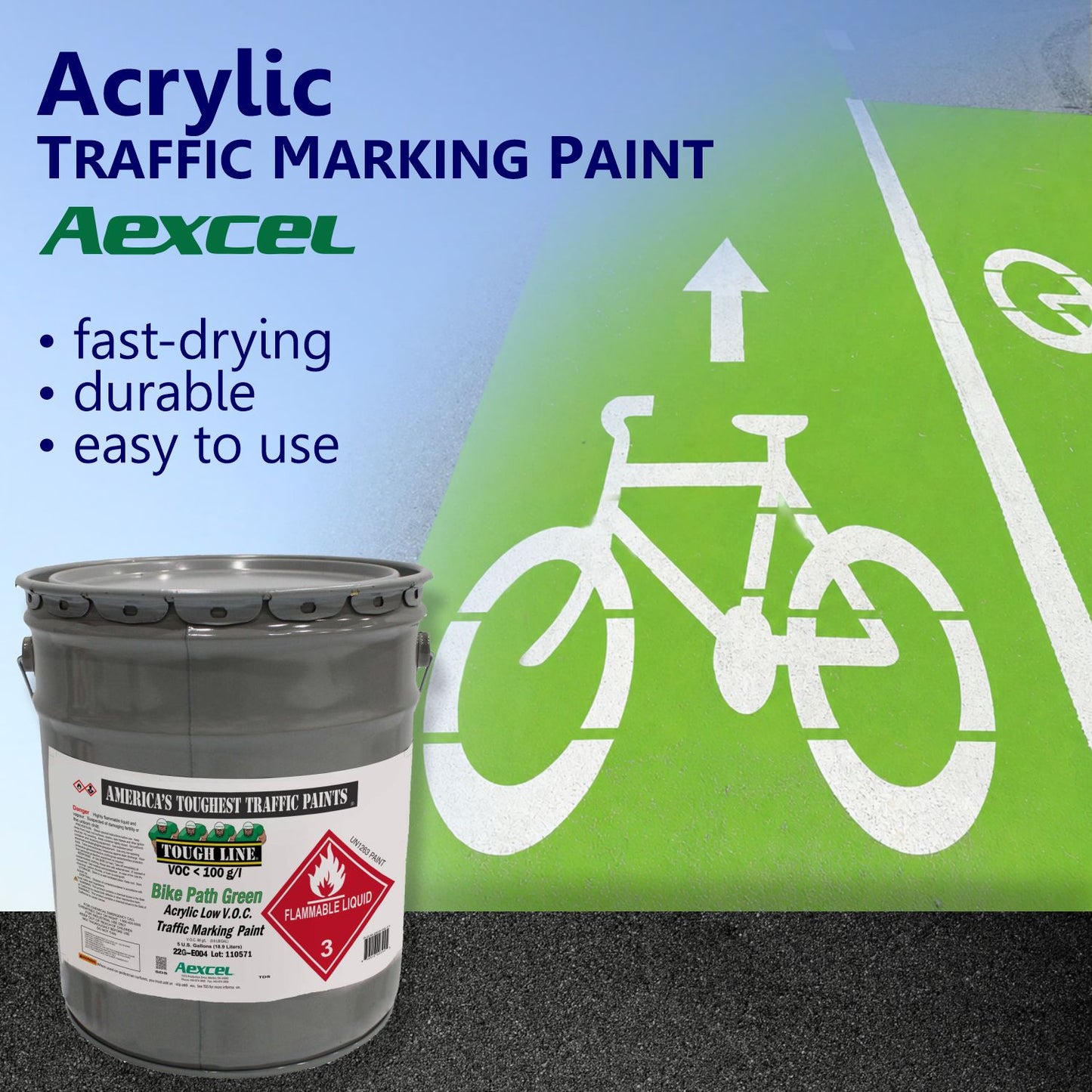 Aexcel Acrylic Traffic Marking Paint promotional graphic featuring a green bike lane with white bicycle and directional arrow markings, highlighting fast-drying, durable, and easy-to-use performance.