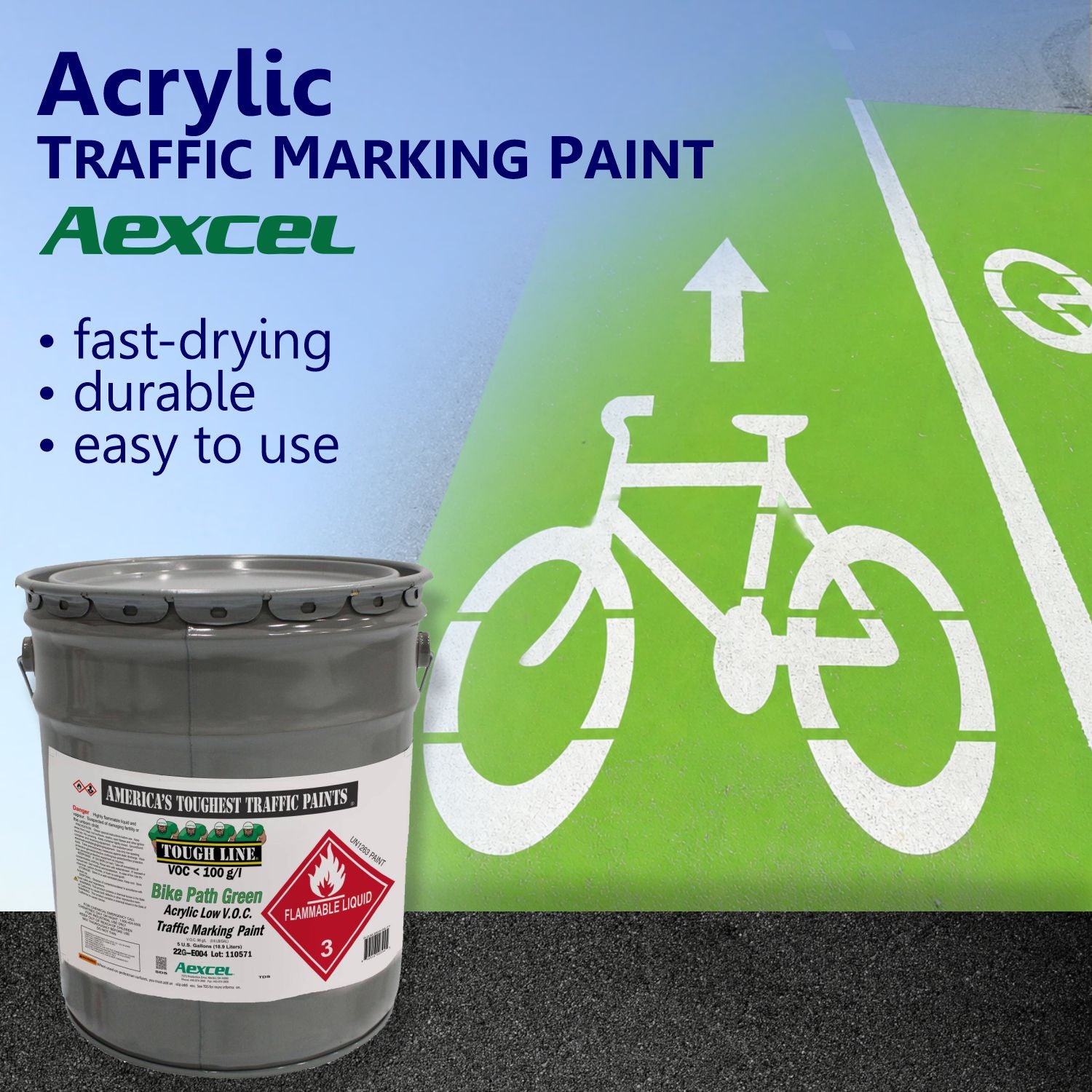 Aexcel Acrylic Traffic Marking Paint promotional graphic featuring a green bike lane with white bicycle and directional arrow markings, highlighting fast-drying, durable, and easy-to-use performance.