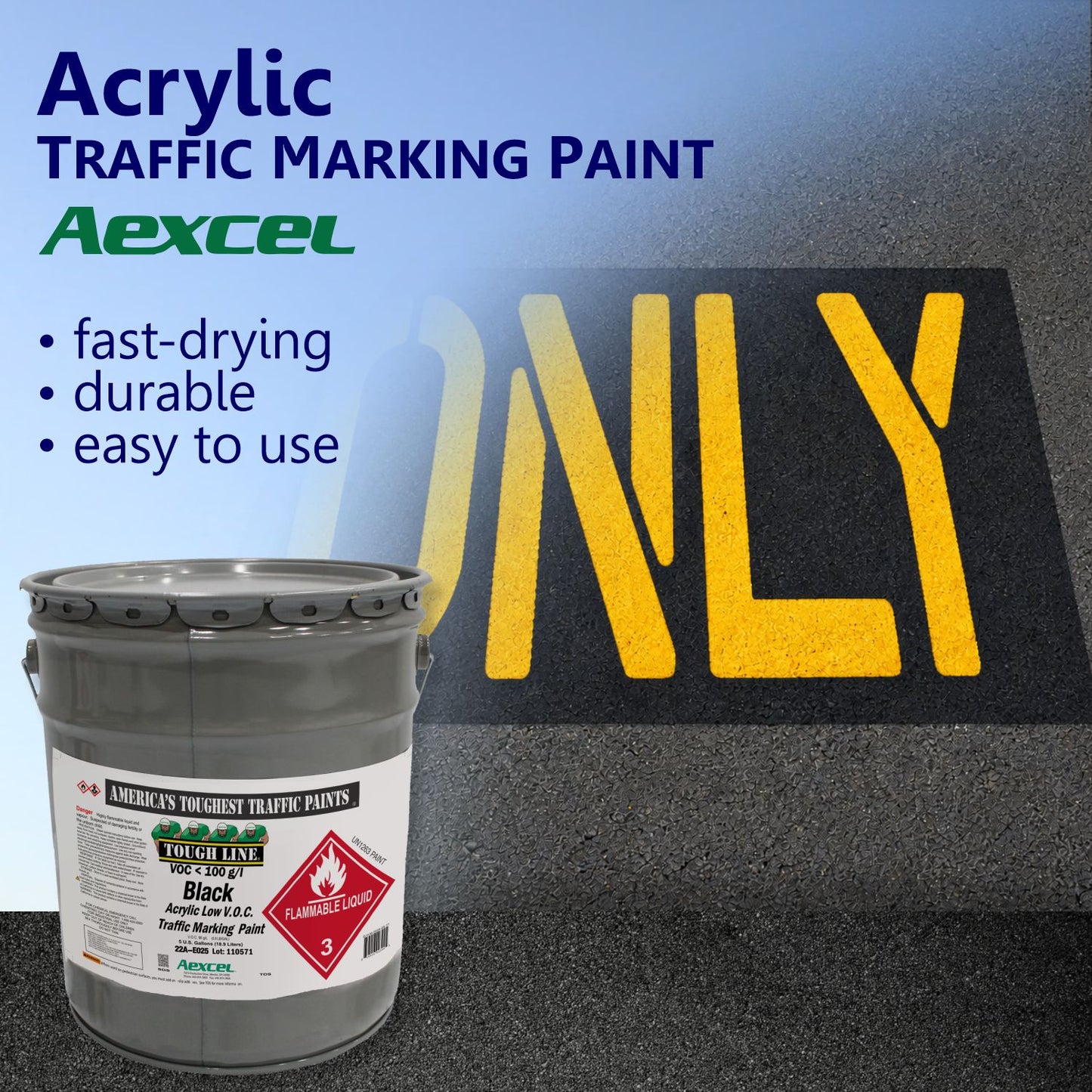 Aexcel Acrylic Traffic Marking Paint promotional graphic featuring black pavement paint used to create high-contrast roadway lettering, highlighting fast-drying, durable, and easy-to-use performance.