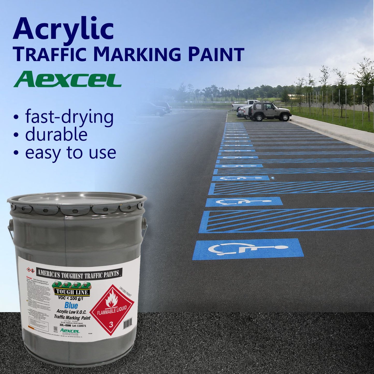 Blue ADA-compliant parking space and access aisle markings on asphalt, created with Aexcel Acrylic Traffic Marking Paint for durable, high-visibility accessibility designation.