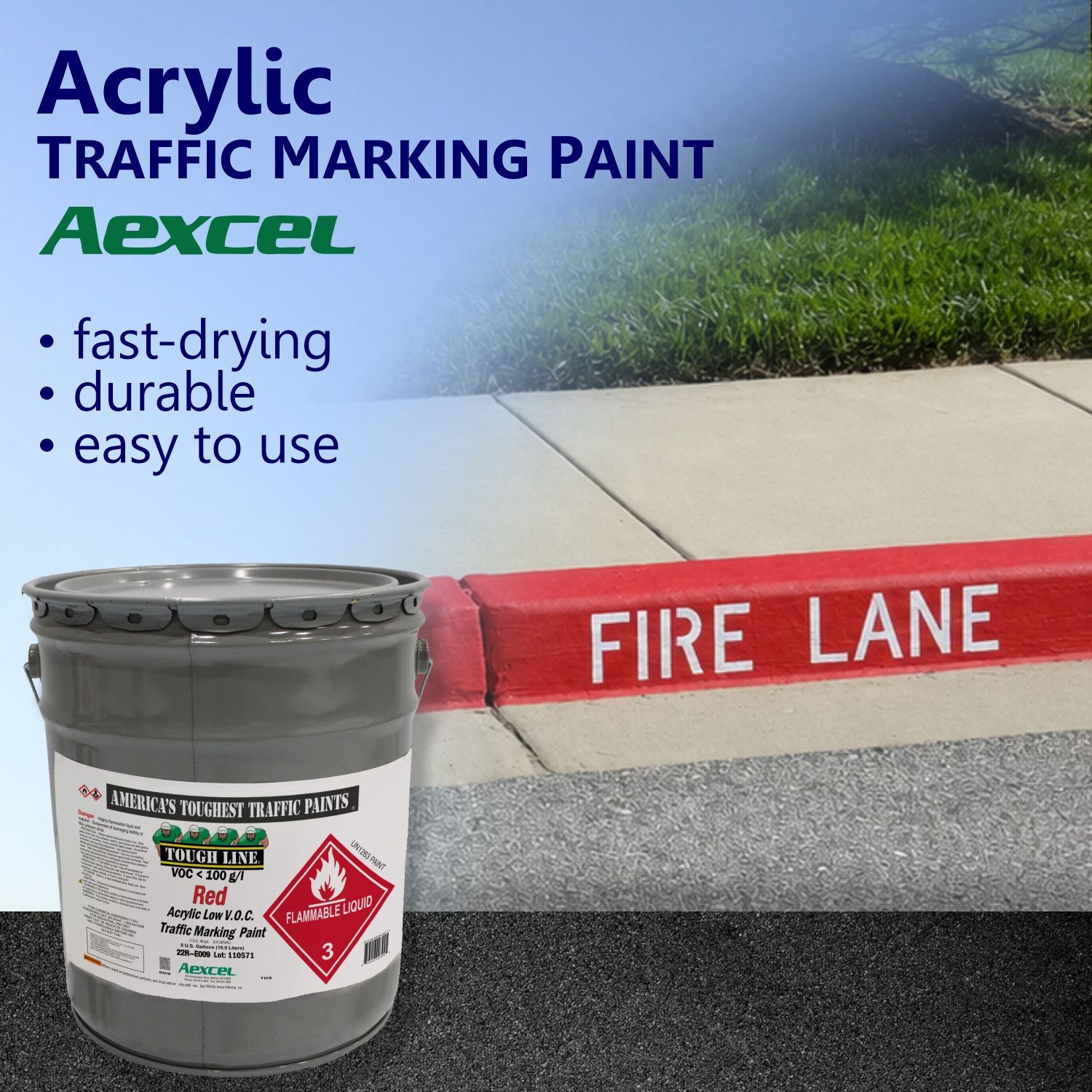 Aexcel Acrylic Traffic Marking Paint promotional graphic featuring a red-painted fire lane curb, highlighting fast-drying, durable, and easy-to-use performance.