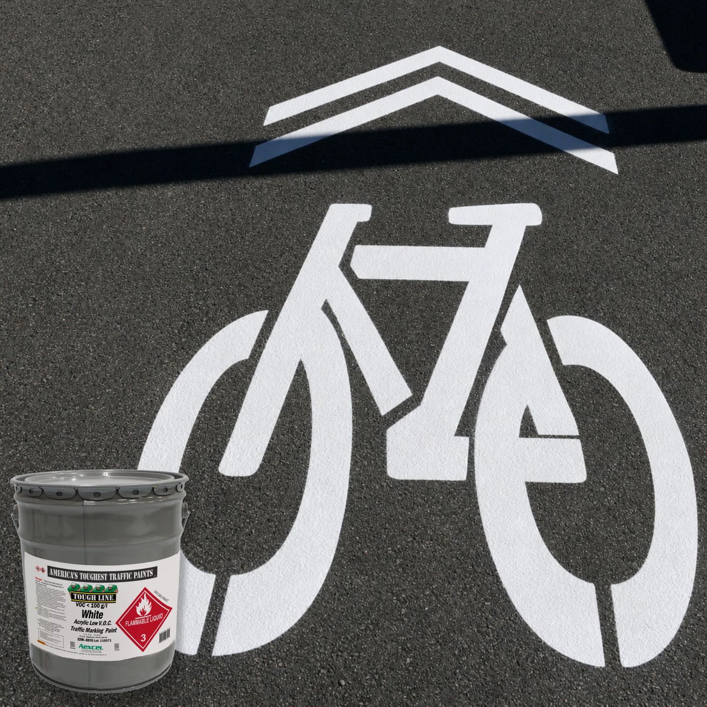 White bicycle lane pavement marking on asphalt using Aexcel Tough Line white traffic marking paint for bike paths and shared-use lanes.