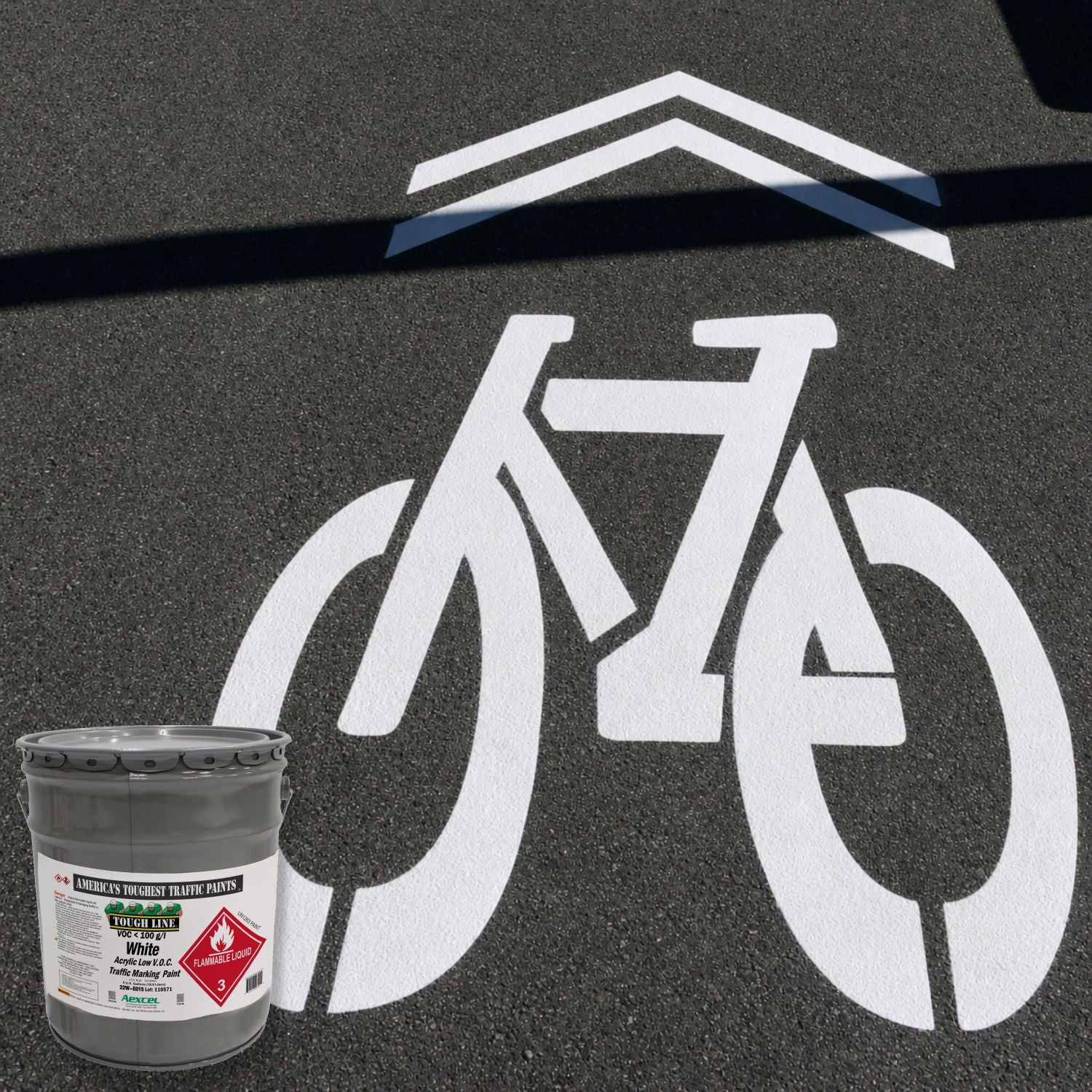 White bicycle lane pavement marking on asphalt using Aexcel Tough Line white traffic marking paint for bike paths and shared-use lanes.