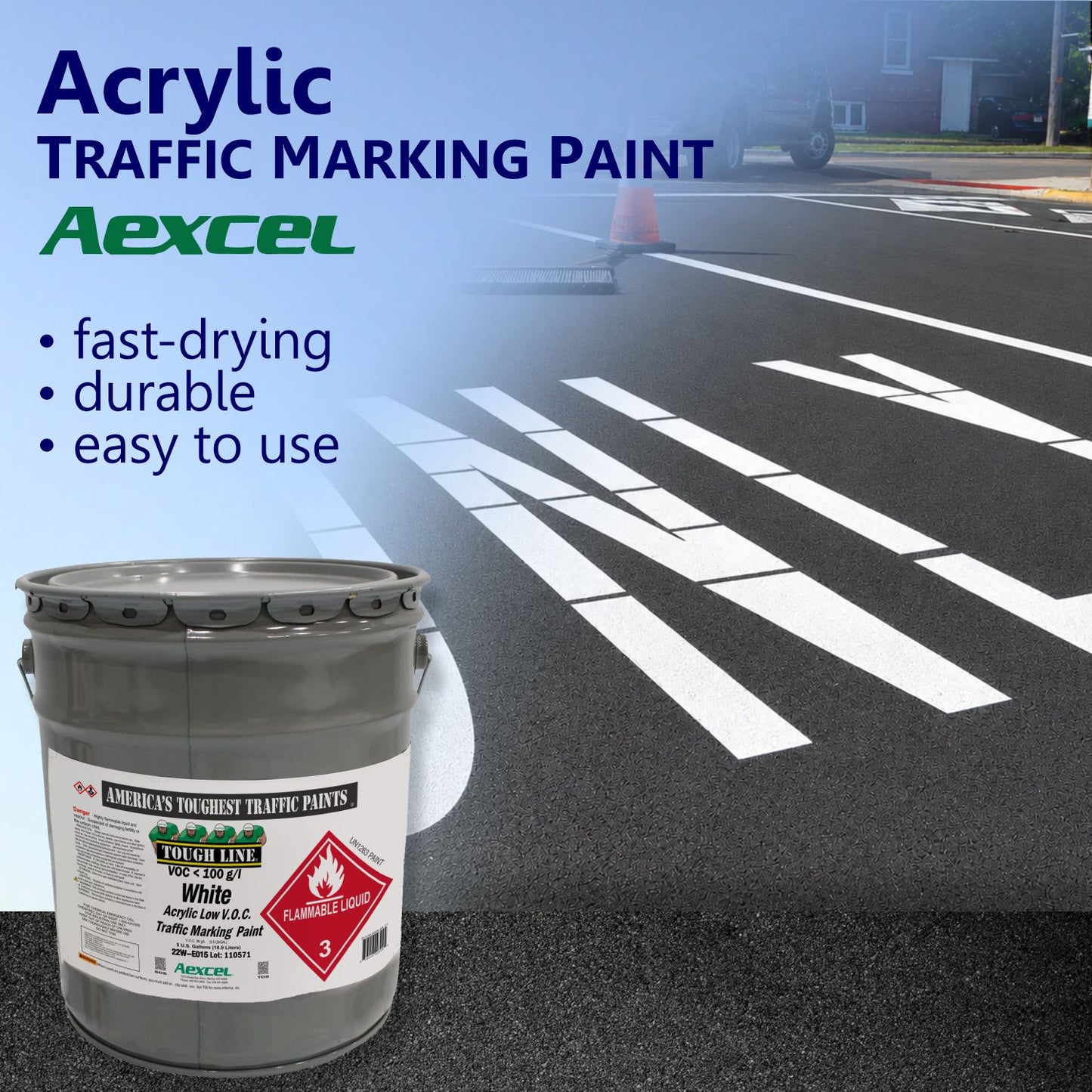 Aexcel Acrylic Traffic Marking Paint promotional graphic featuring white crosswalk markings on asphalt, highlighting fast-drying, durable, and easy-to-use performance.