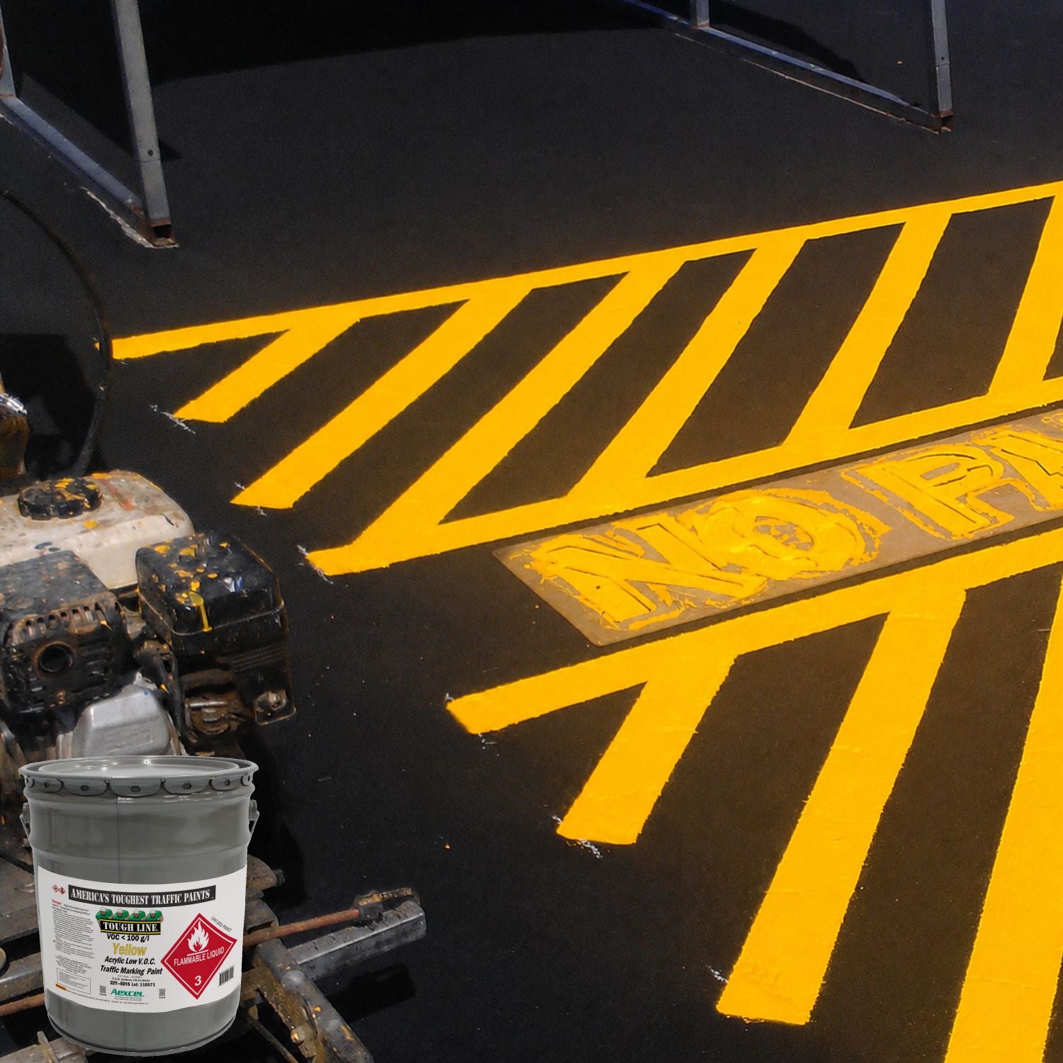 Yellow "NO PARKING" pavement markings and diagonal safety striping painted on dark asphalt using Aexcel Acrylic Traffic Marking Paint for high-visibility traffic control and restricted parking areas.