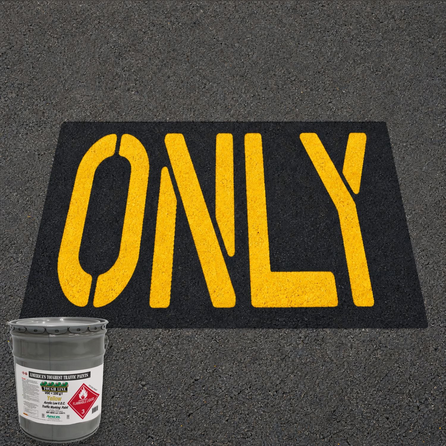 Yellow "ONLY" pavement marking on a black background, applied with Aexcel Acrylic Traffic Marking Paint to provide clear lane-use and traffic direction guidance.