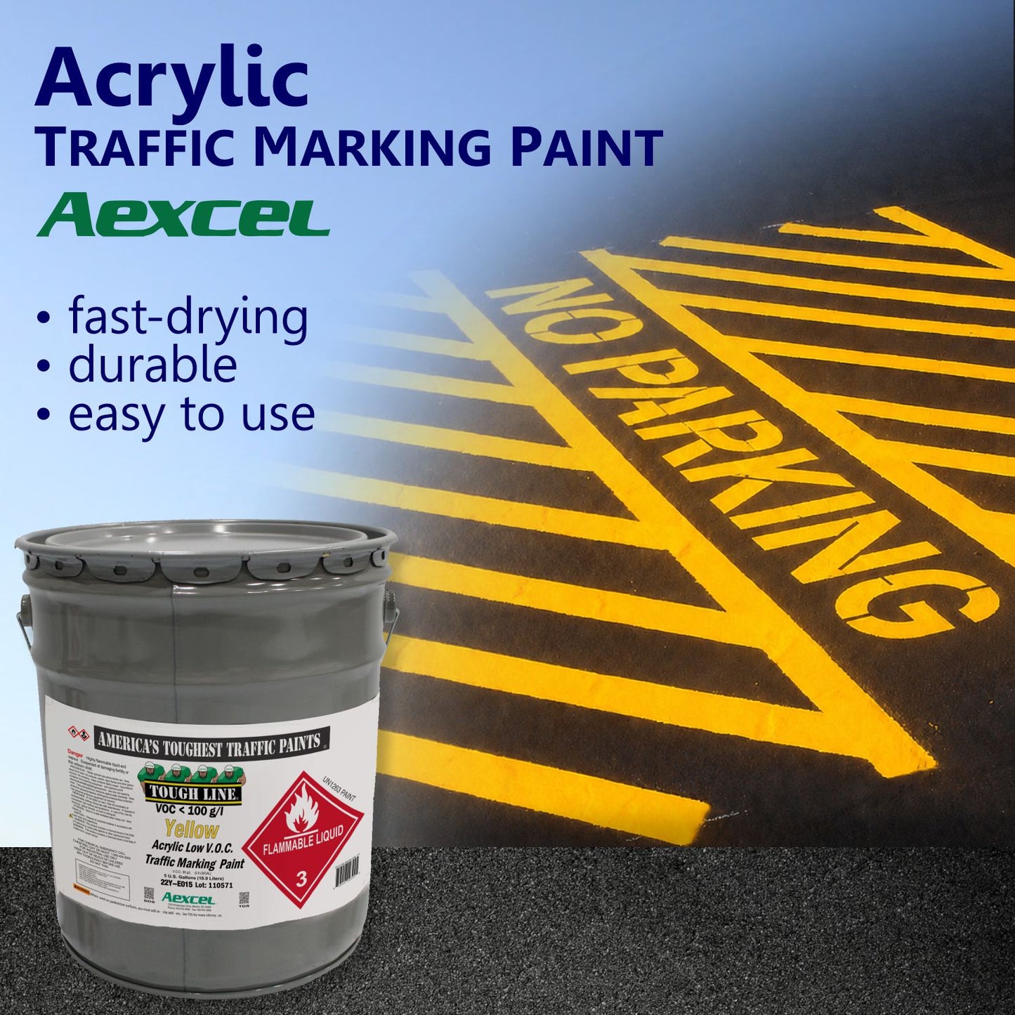 Aexcel Acrylic Traffic Marking Paint promotional graphic featuring yellow "NO PARKING" pavement markings and safety striping, highlighting fast-drying, durable, and easy-to-use performance.