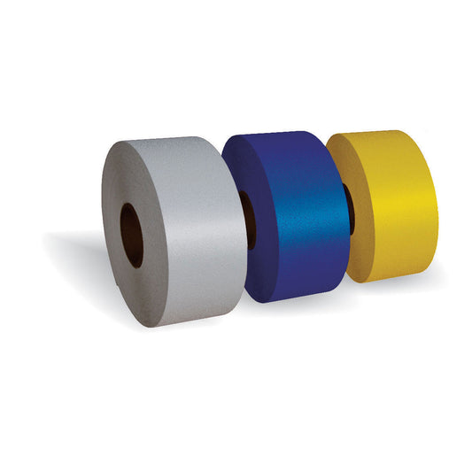 Rolls of white, blue, and yellow thermoplastic for lines
