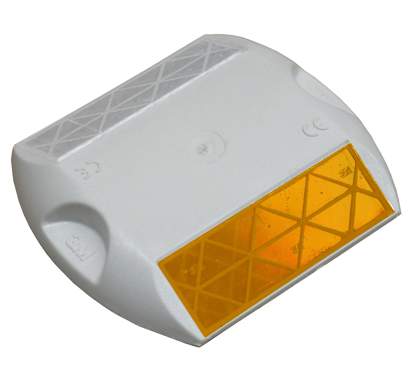 White molded plastic with both  a yellow and a white reflective strip