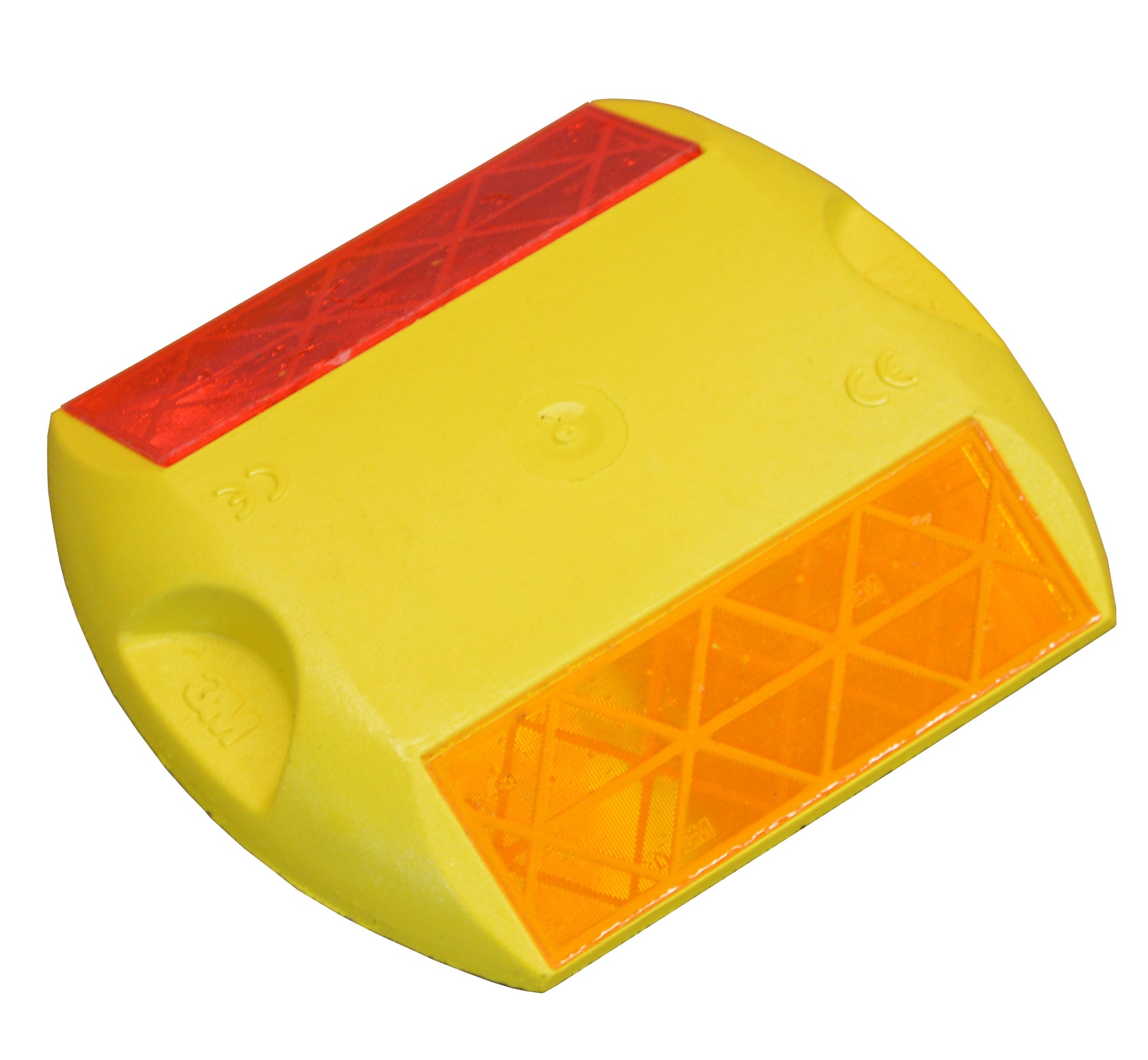 Yellow molded plastic with both a yellow and a red reflective strip