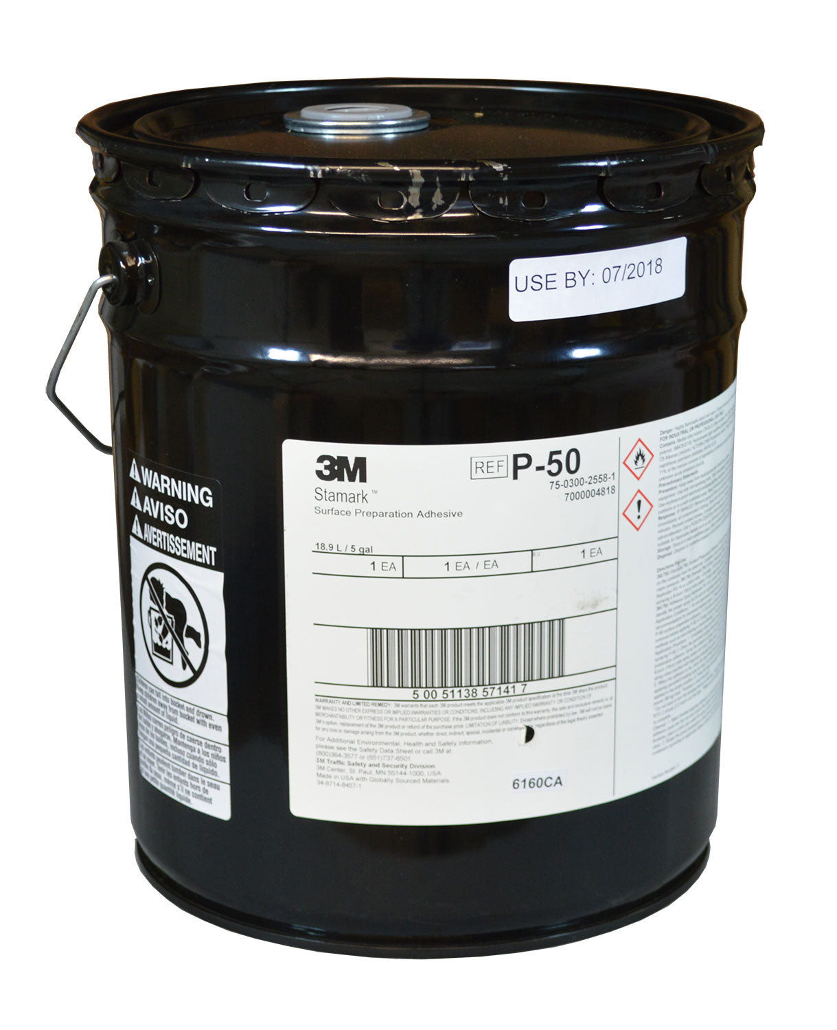 A black 5 gallon bucket with a screw on cap.  The label says "3M Stamark. Surface Preparation Adhesive.  P-50."  There is additional text that is too small to read