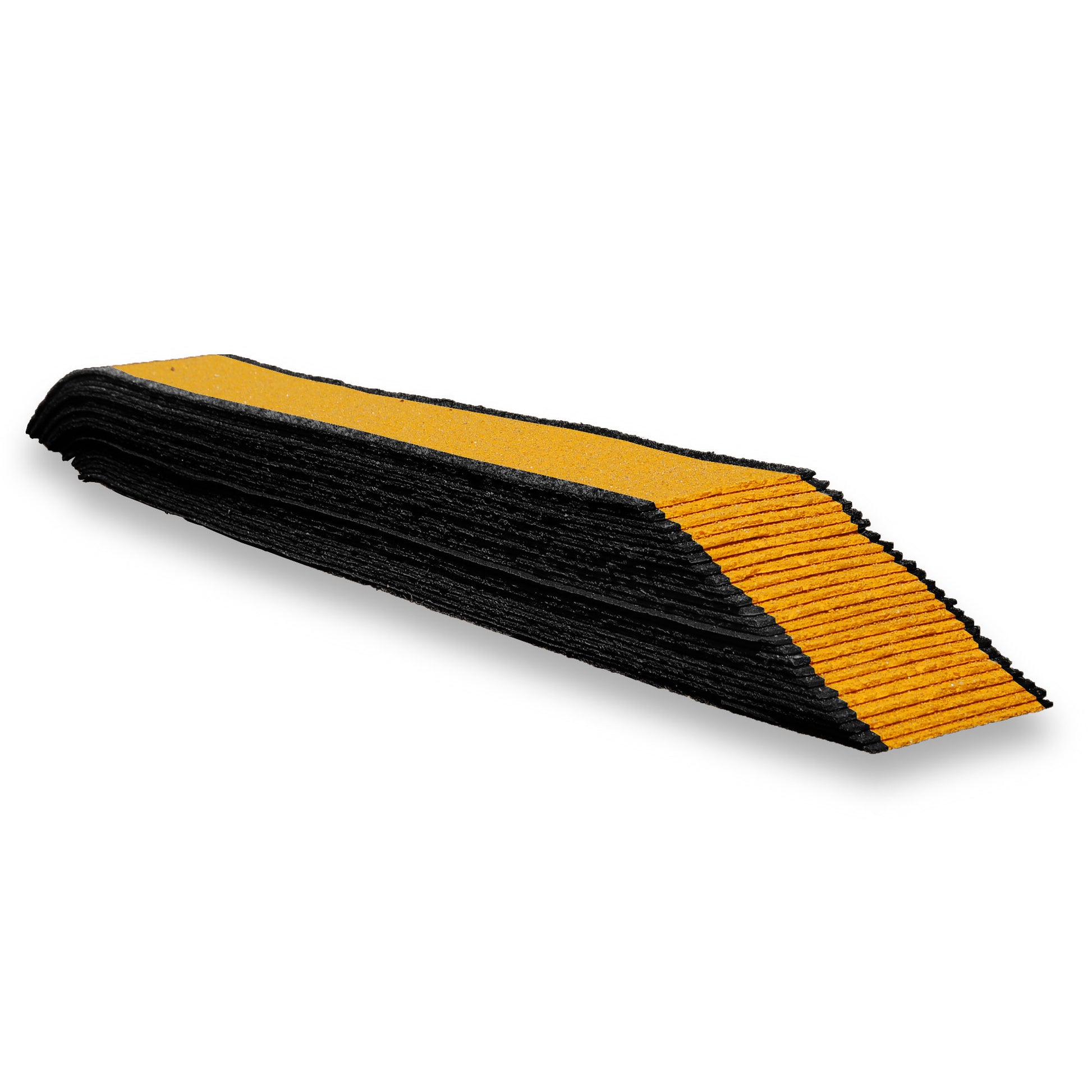 A stack of preformed thermoplastic lines that are yellow with black borders