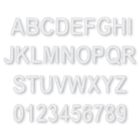 Capital alphabet and numbers 0 through 9 in white