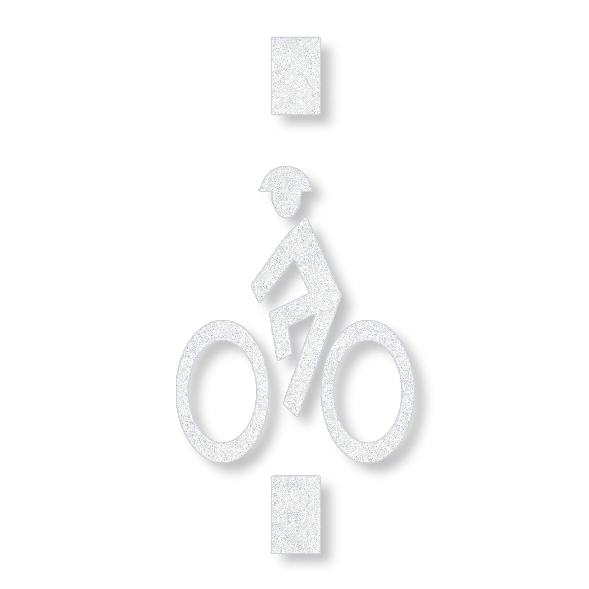 White symbol of a person wearing a helmet on a bike in a vertical line