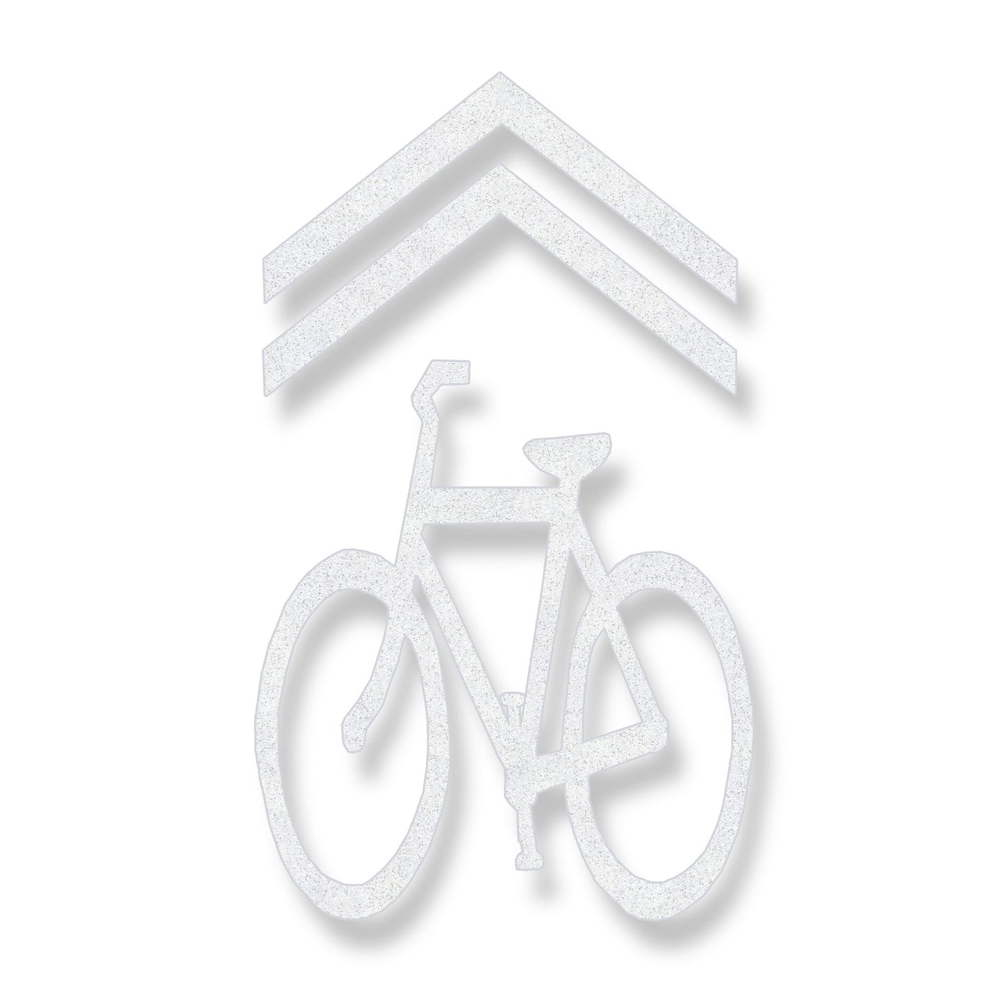 White bicycle symbol under a chevron