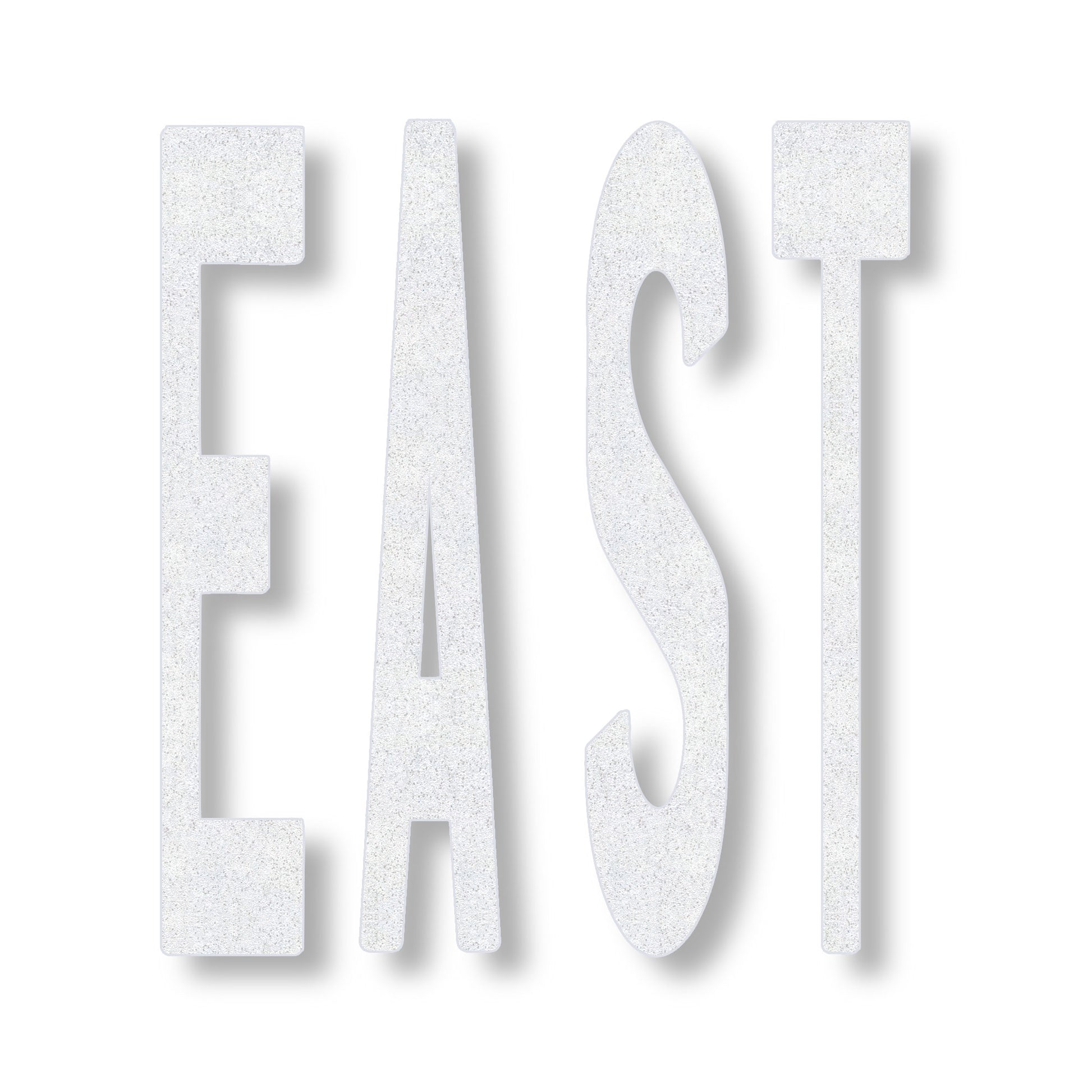 EAST in all caps in white