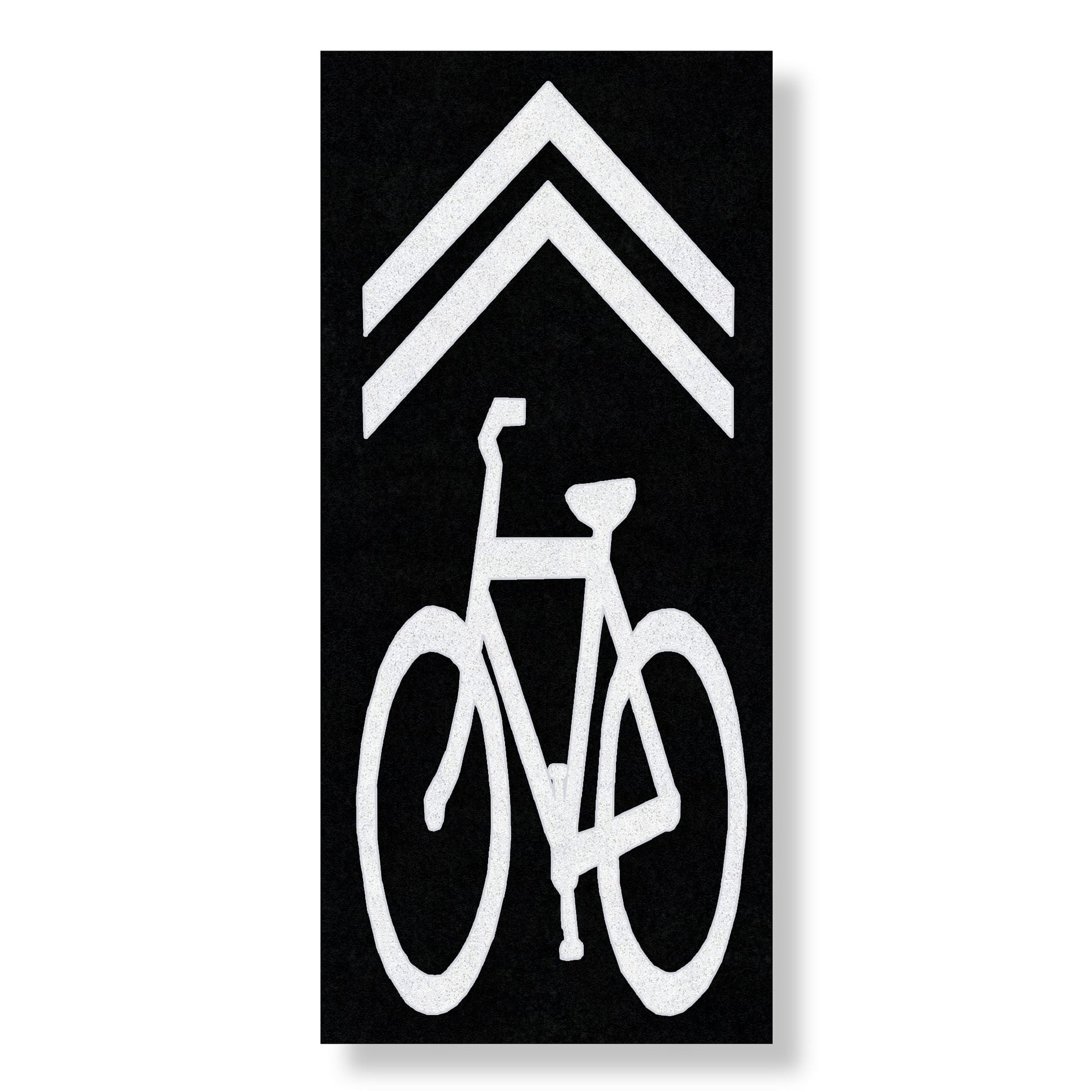 A white bicycle symbol below a chevron on a black rectangle.