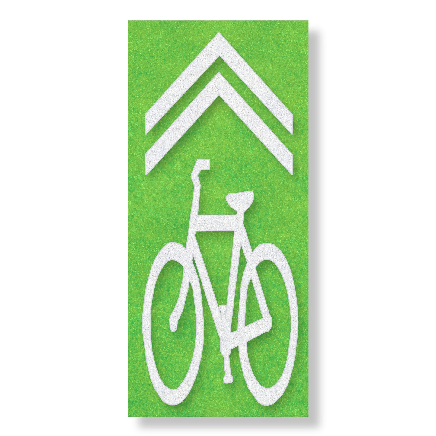 A white bicycle symbol below a chevron on a green rectangle.