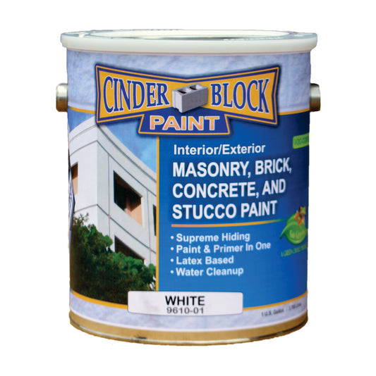 A bucket of Cinder Block Paint in white.  Text contains "Interior/Exterior Masonry, Brick, Concrete, and Stucco Paint. Supreme Hiding.  Paint & Primer in One.  Latex Based.  Water Cleanup.  White 9610-01"