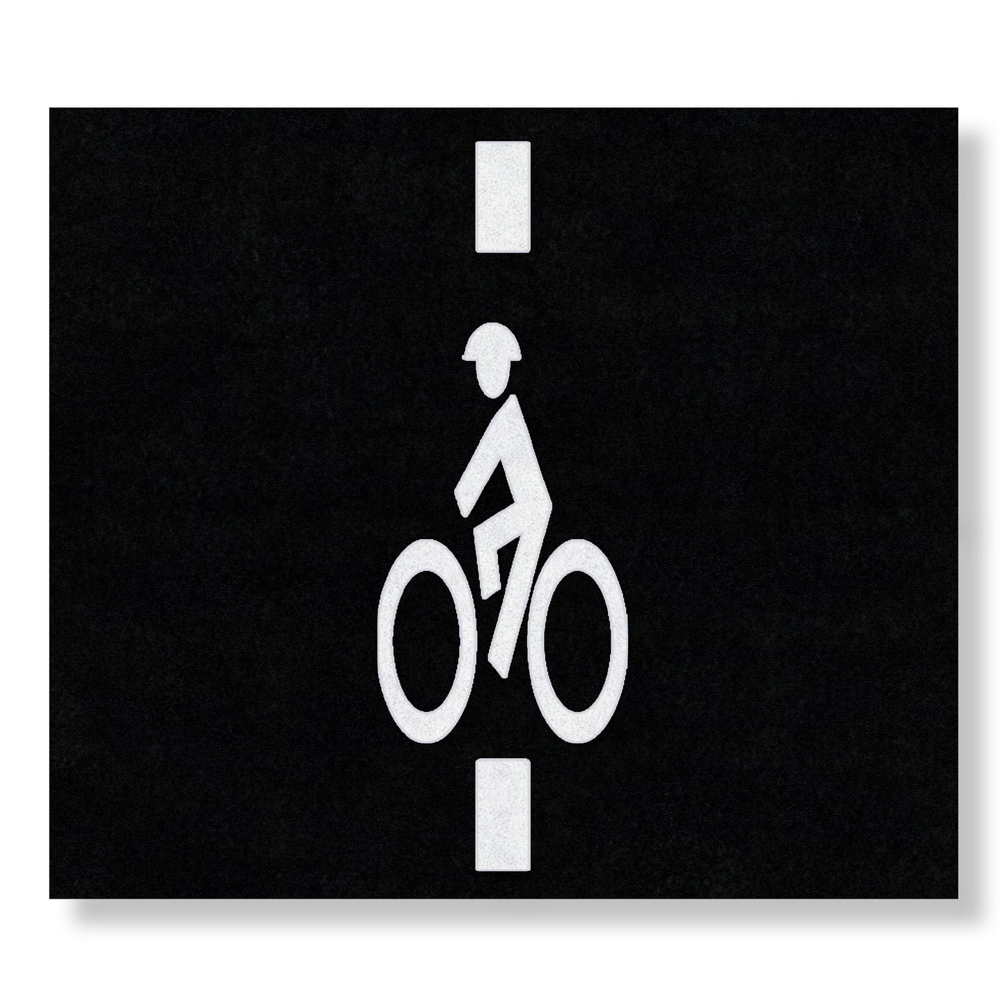 A white symbol of a person wearing a helmet riding a bike with a line extending above and below on a black rectangle.