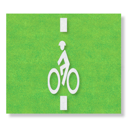 A white symbol of a person wearing a helmet riding a bike with a line extending above and below on a green rectangle.