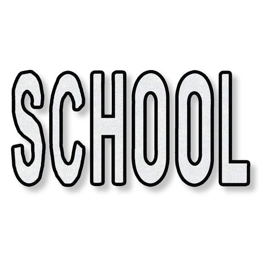 SCHOOL in all caps in white with black border