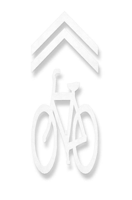 White bike symbol under a pair of chevrons