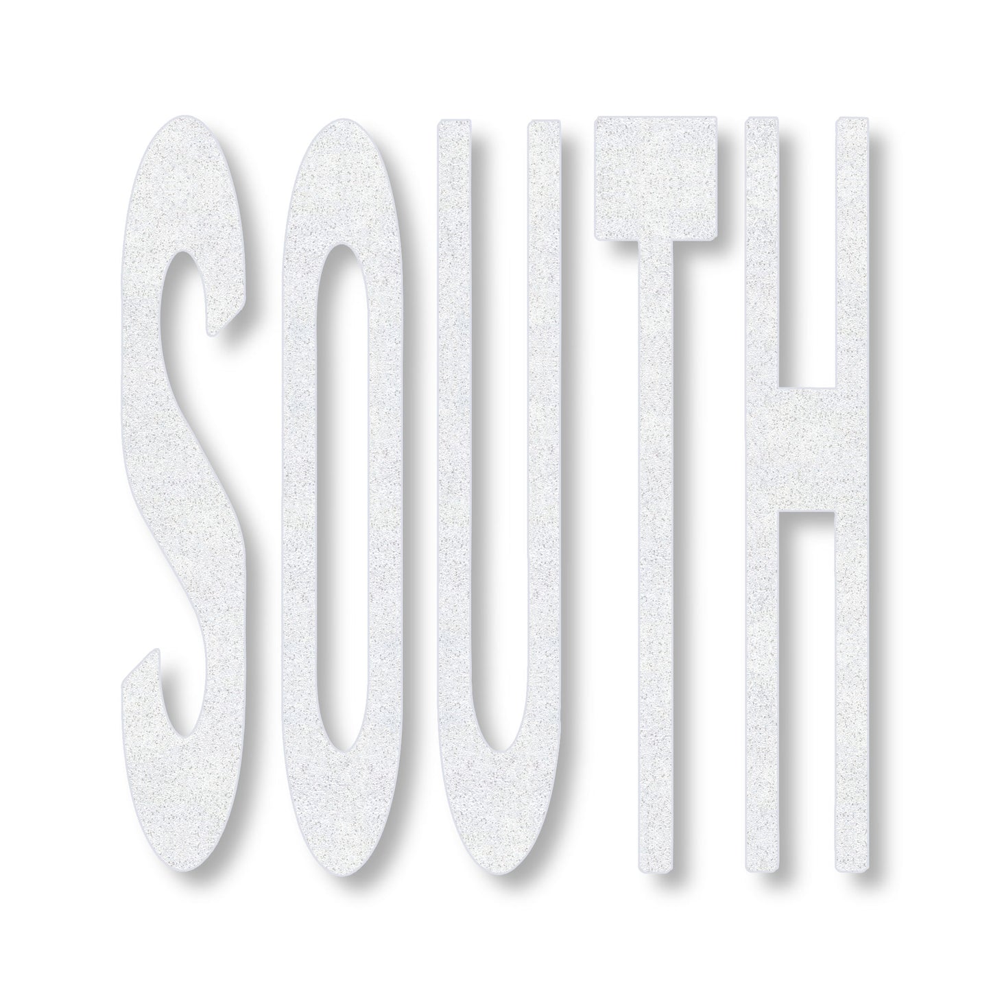 preformed thermoplastic SOUTH in all caps in white