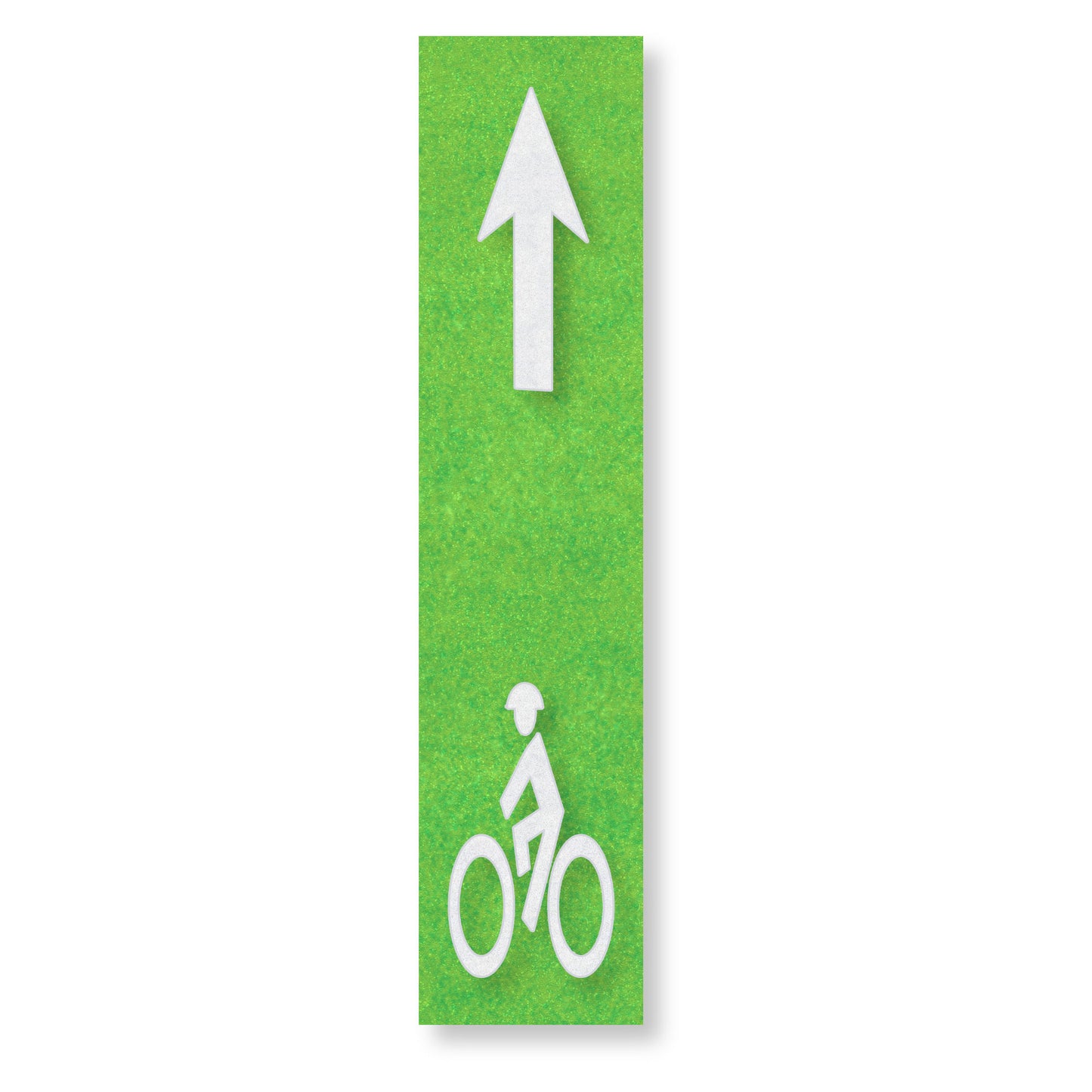 White symbol of a person wearing a helmet on a bike below a straight arrow on a green rectangle.