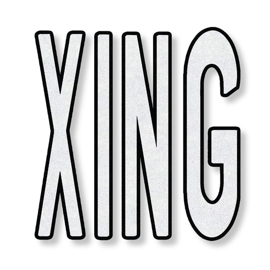 White XING in all caps with a black boarder