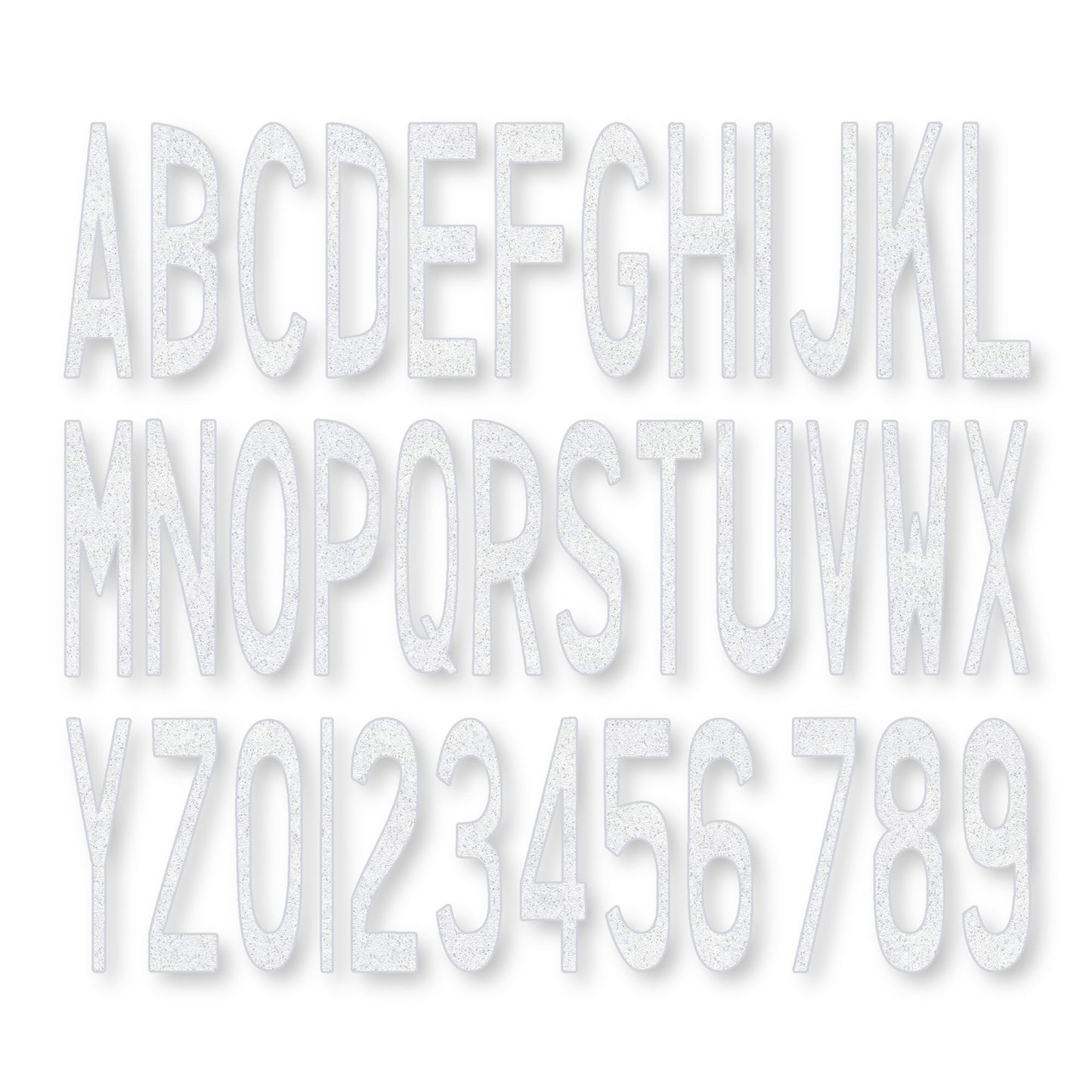 Capital alphabet and numbers 0 through 9 in white